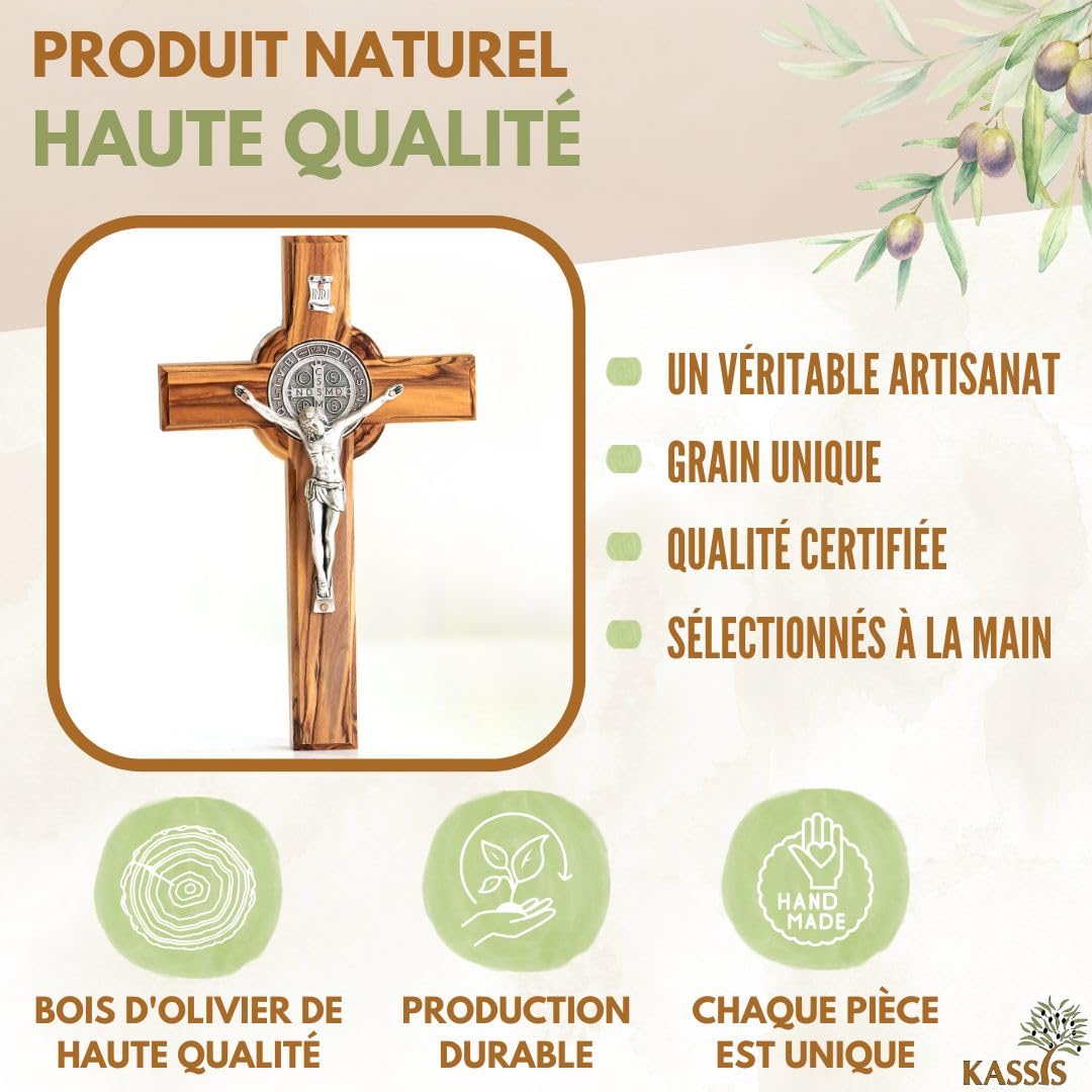 Kassis Geschenkartikel Croix de Saint Benoît en bois d'olivier – Croix murale chrétienne faite main à Bethléem pour baptême et communion – 20 x 12,5 cm (sans gravure), Saint Benoît