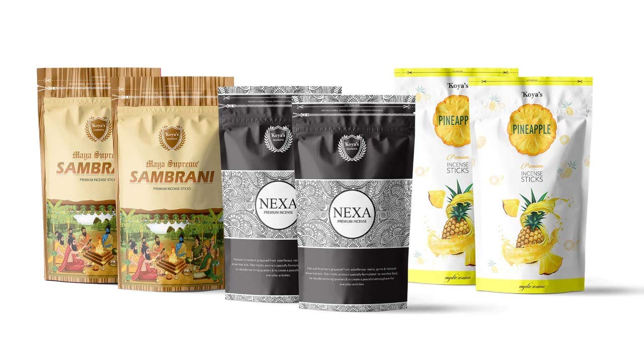 Koya's Premium Incense Sticks Zipper Combo (Maya Supreme Sambrani, Nexa & Pineapple) - Pack of 6