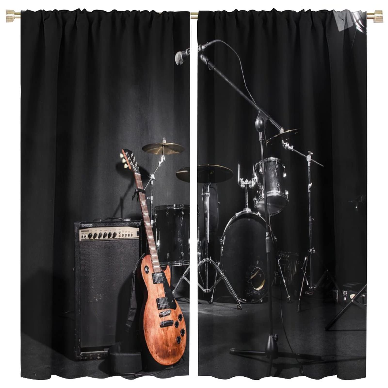 Rock Music Blackout Curtain,Guitars Jazz Music Theme Blackout Rod Pocket Window Drapes for Teens Boys Bedroom Living Room Decor W63xL63in