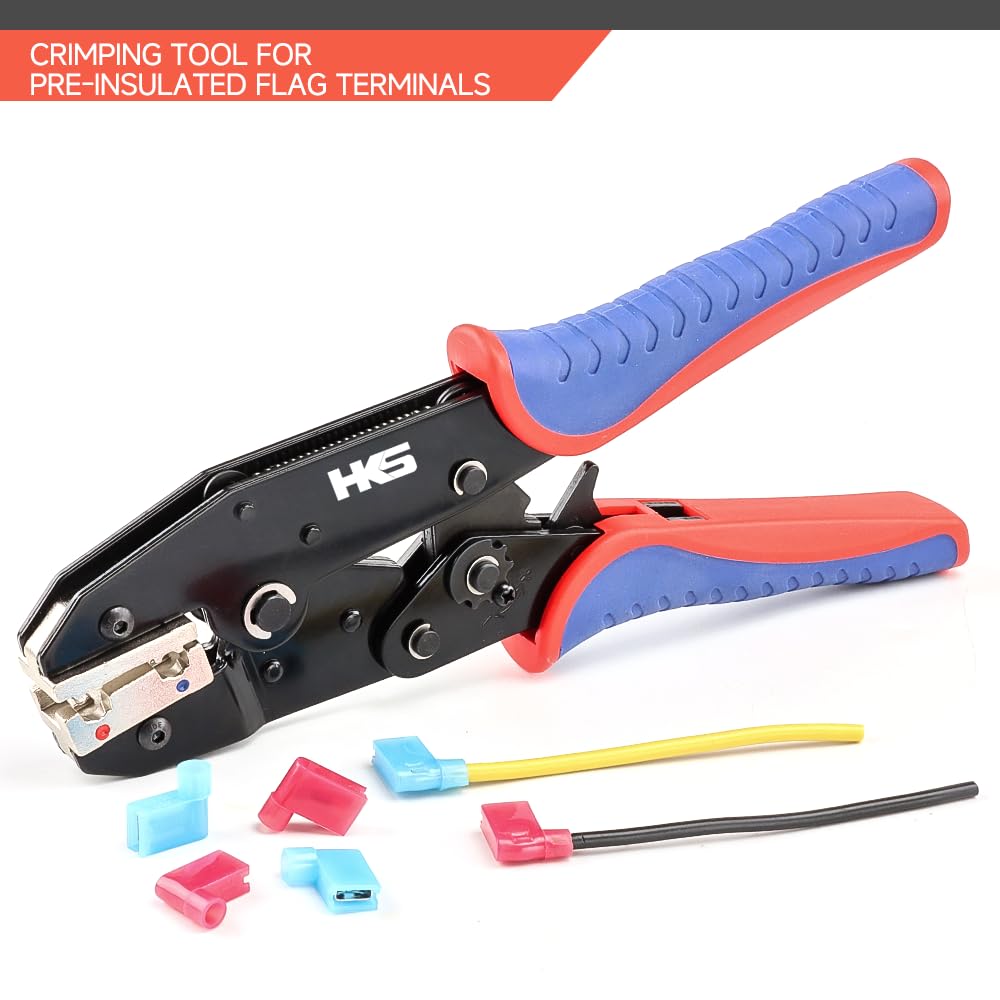 HKS Herramienta de crimpado para terminales de bandera aislados, crimpadoras de alambre de trinquete, AWG 22-14 (0,5-2,5 mm²), crimpadora de terminales de trinquete, herramienta de crimpado eléctrica
