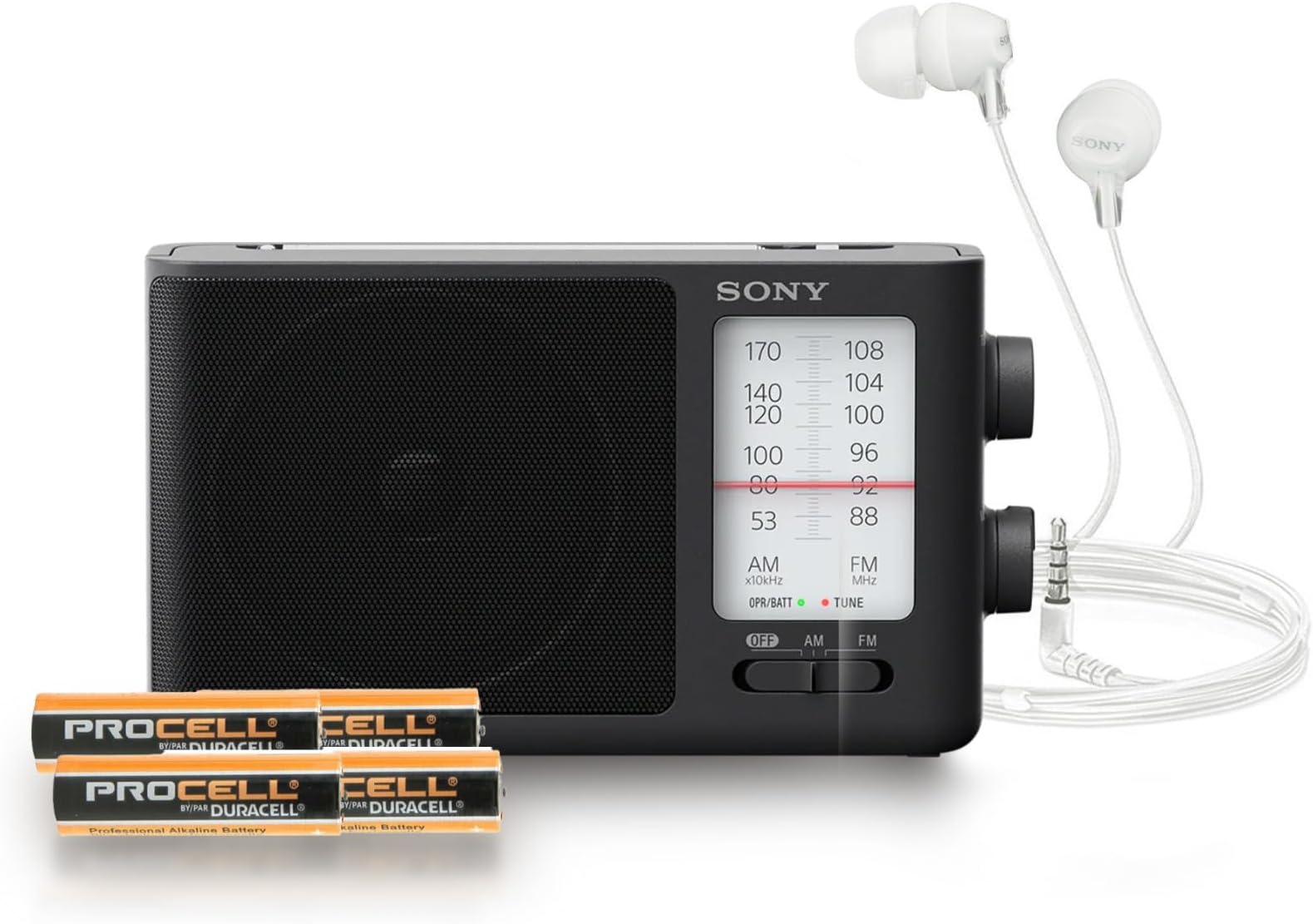 ICF506 Portable Radio with AA (4-Pack) with Wired in-Ear Earbud Headphones and Radio Accessory Bundle (3 Items)