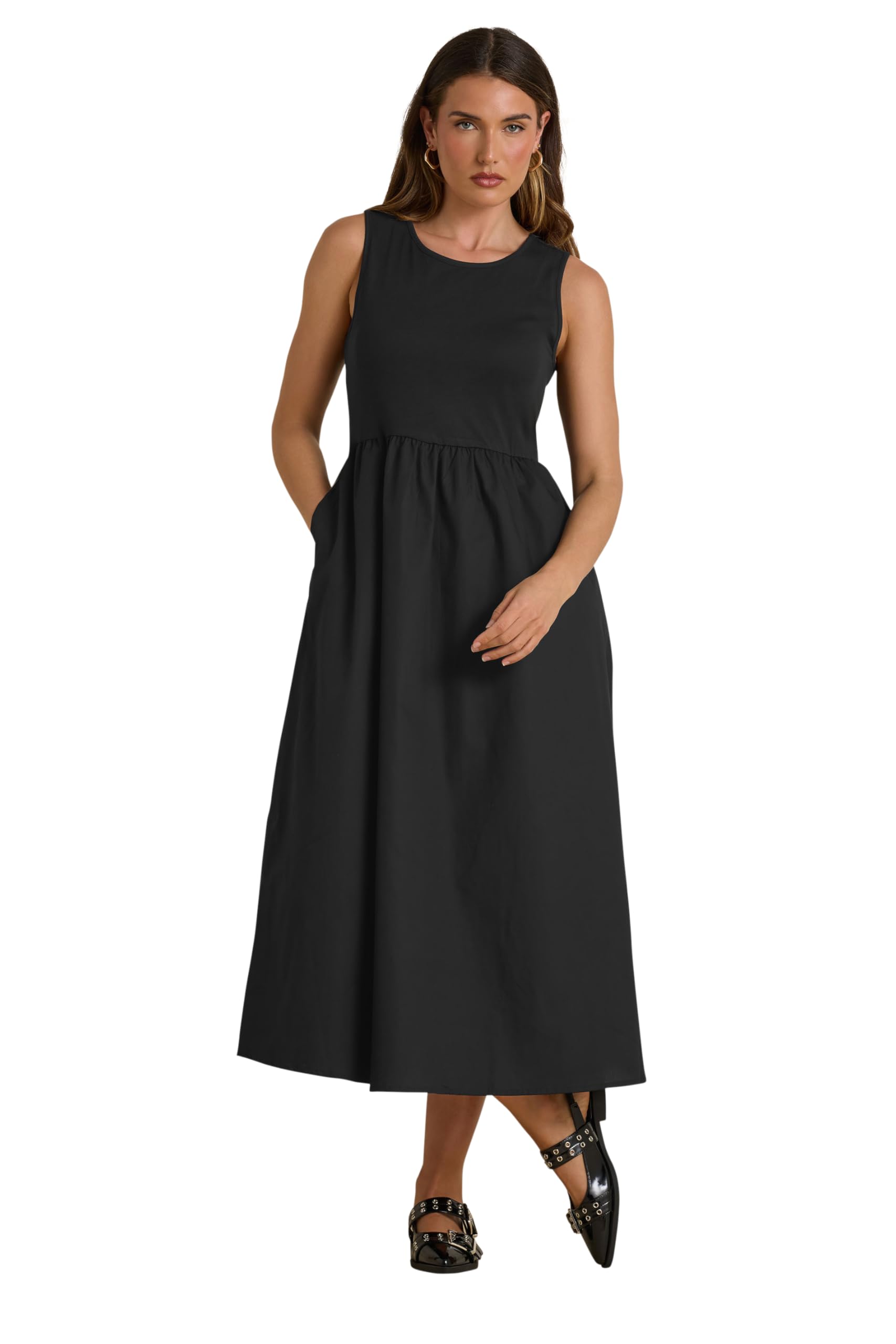 Long Tall Sally Women's Black - Lts Tall Jersey & Woven Mix Cotton Midi Dress