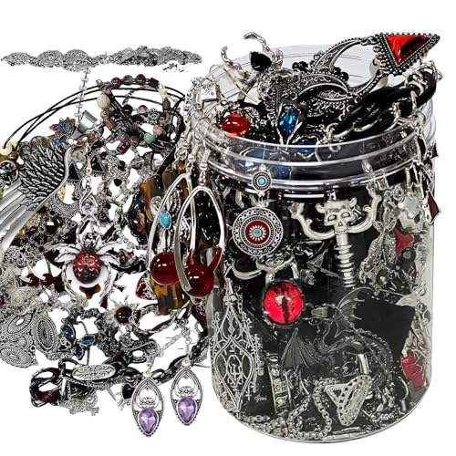 Scary Witch Mystery Jewelry Jar - 30-Piece Gothic Surprise Women's Jewelry Box with Necklace, Earrings, Rings and Bracelets - Unique Halloween Mystery Vampire Skeleton Costume Gift