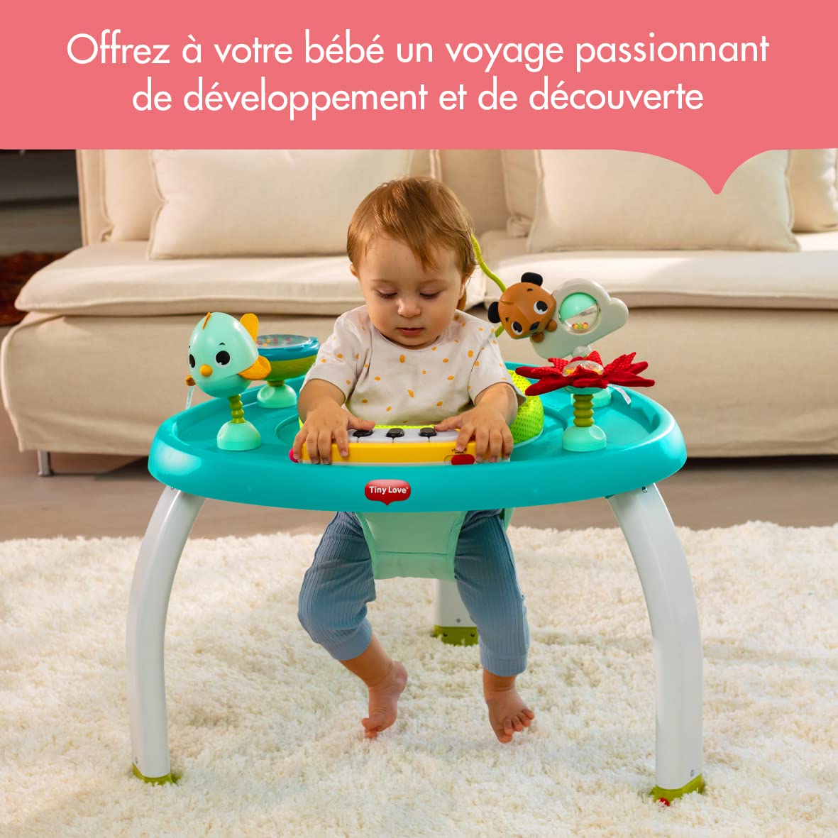 Tiny Love Centre d'activités stationnaire 5 en 1, Centre d'activités pour bébé, jouets détachable, planche d'équilibre, table de jeu et chaise, De 3 à 36 mois, collection Meadow Days