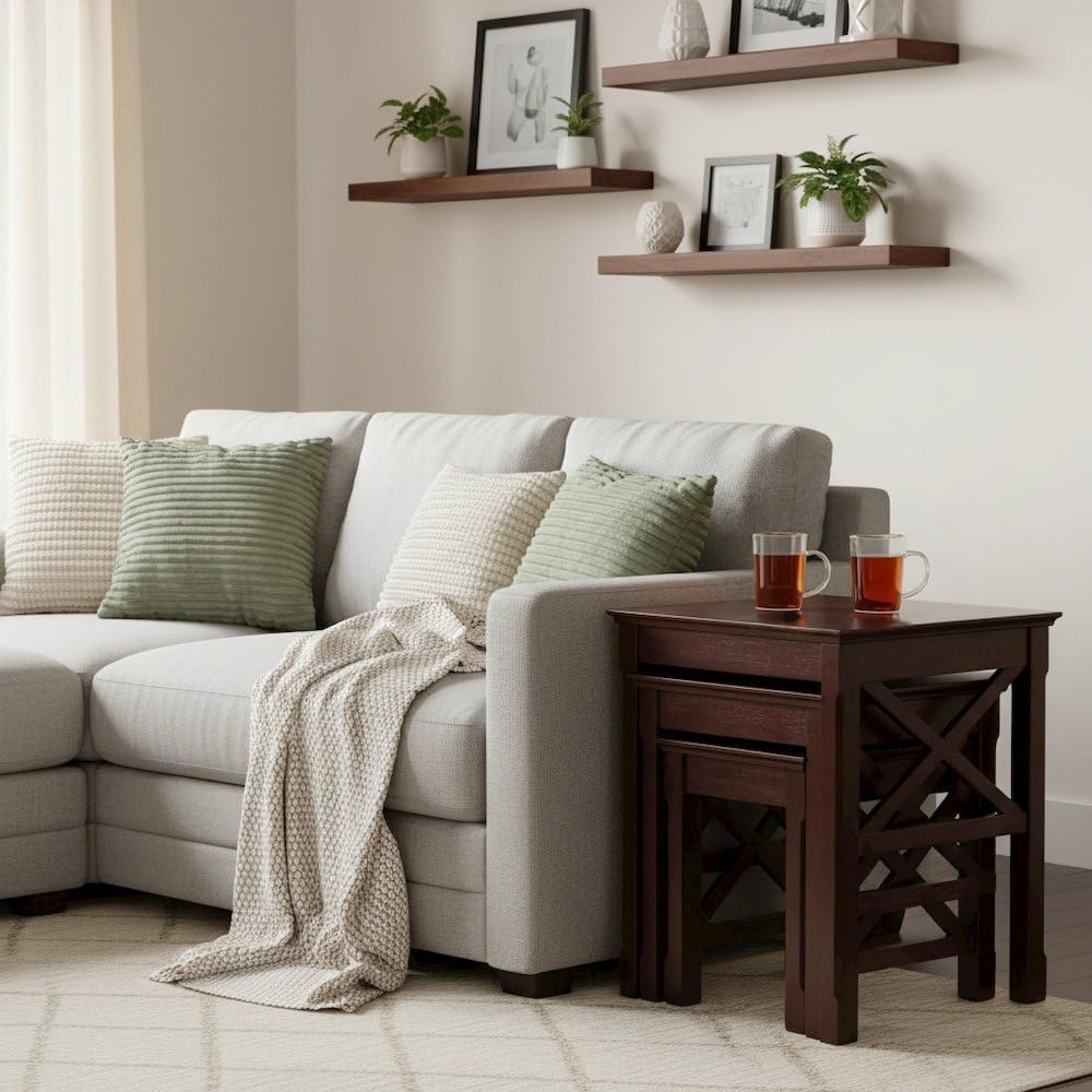 Furnifact Solid Wood Nesting Tables Set of 3 with Stackable Design, Space Saving Nesting End Tables in Cappuccino Finish for Living Room Or Bedroom