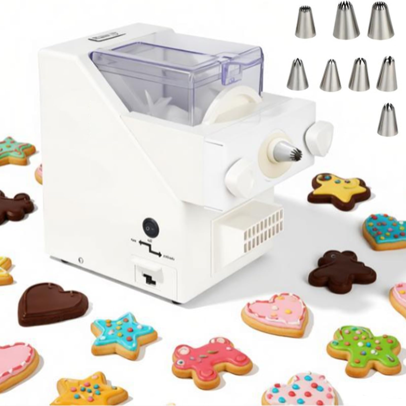 Automatyczna maszyna do produkcji ciastek – 180 W, do cukierni i kuchni, z 8 wymiennymi dyszami i 6 różnymi foremkami do ciastek