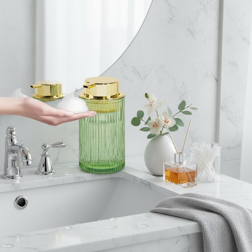 Schaumseifenspender, Badezimmer, grünes Glas, Schaumseifenspender, nachfüllbar, 340 ml, Schaumpumpenbehälter mit Goldener Pumpe, dekorativer schlanker Gerippter Spülseifenspender für Küche