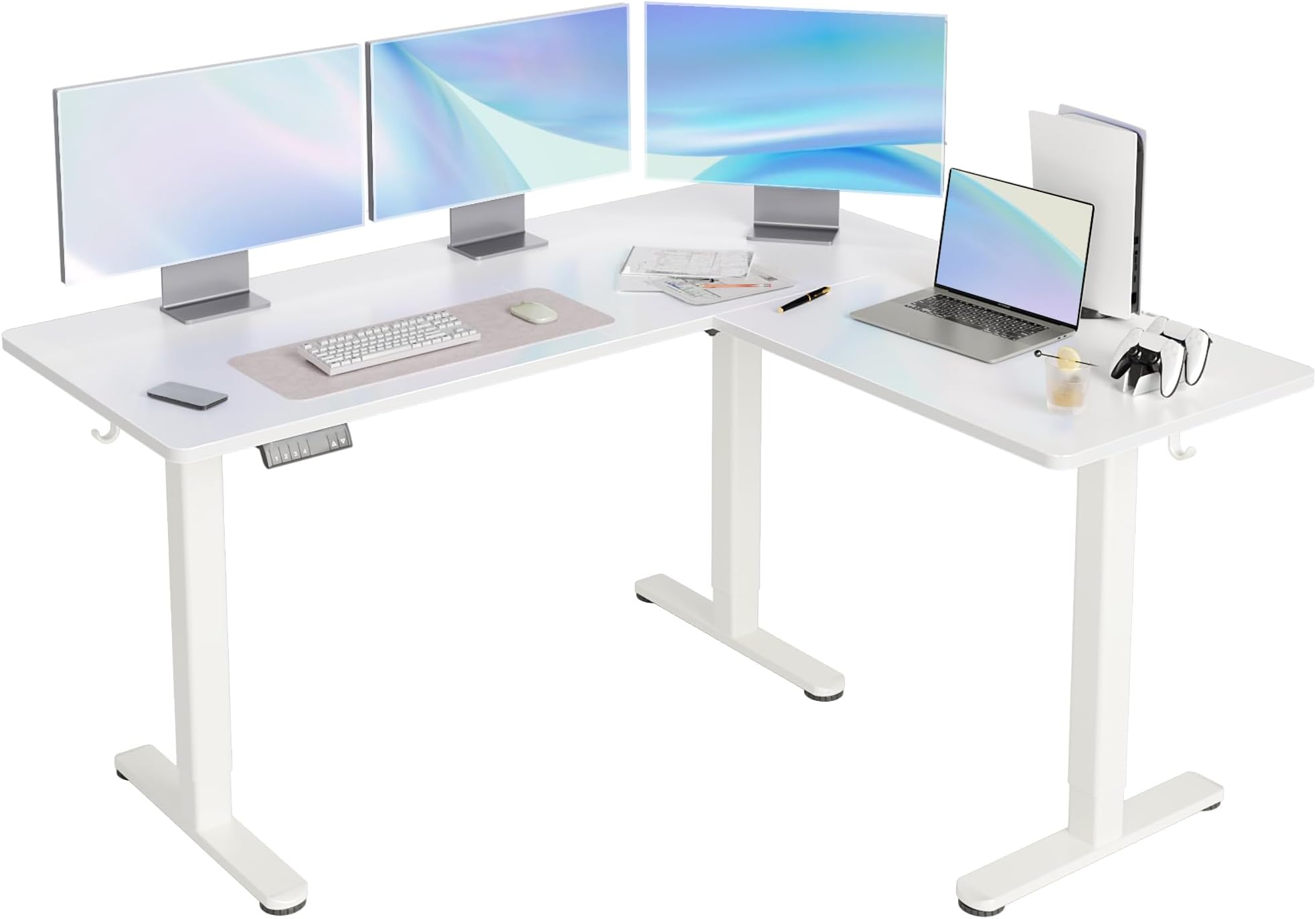 YDN L Shaped Standing Desk, Electric Standing Desks L Shape Adjustable Height Dual Motor, 63 x 55 Inch Corner Standing Desks with Splice Board for Home Office, Large Standing Desk, White