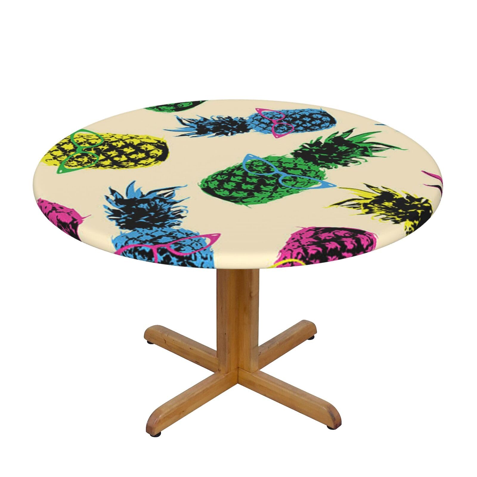 Ffshkowe Pineapple Elastic Round Tablecloth Oil Proof Table Cover For Dining Party Picnic