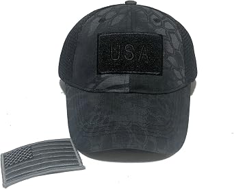 Camouflage Camo Mens Unisex Mesh Trucker Special Tactical Operator Forces USA Flag Patch Military Cap Strap Back Dad Hat,Black Camo,One Size