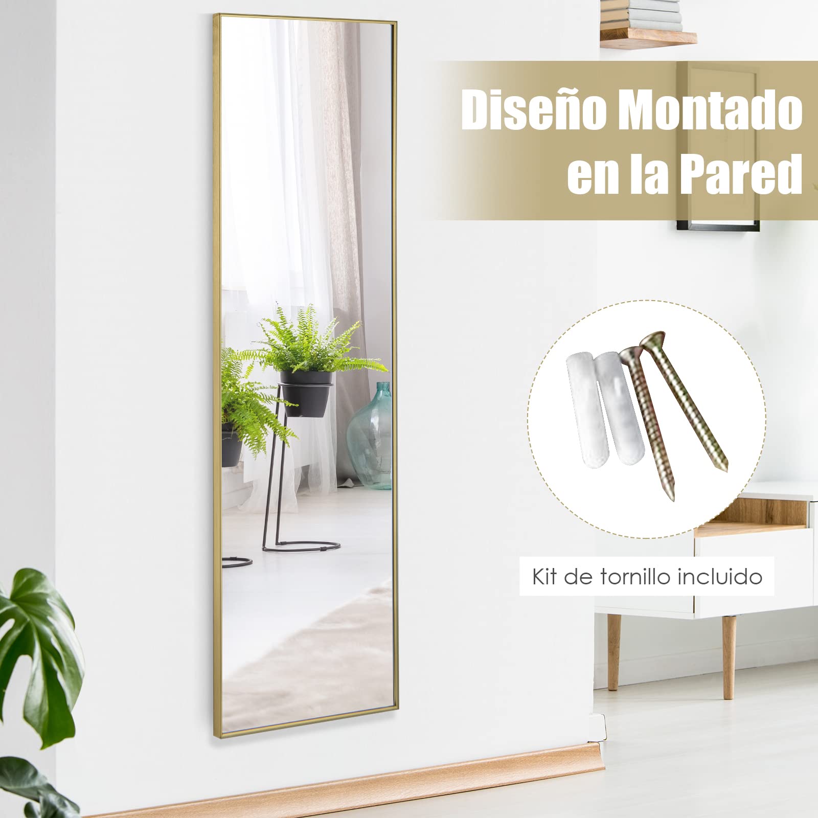 COSTWAY Espejo sobre Puerta de 120 x 37 cm, Espejo con Marco de Aleación de Aluminio y Cristal Irrompible, Espejo Colgante o de Pared con Ganchos para Armario, Dormitorio y Salón (Dorado)