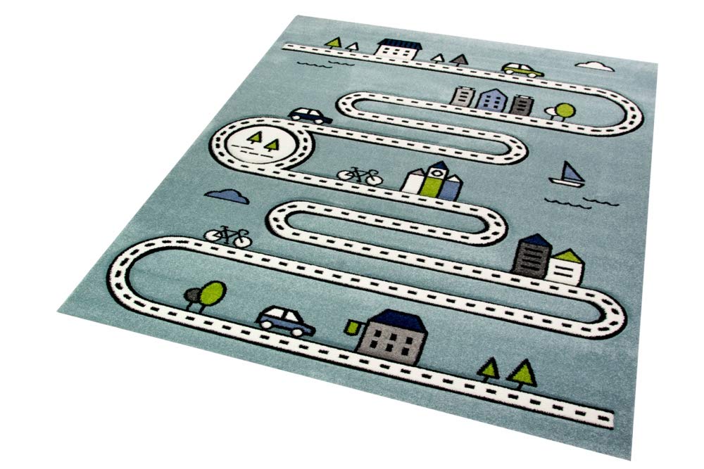 Tapis pour enfants tapis de route avec rues et maisons bleu Größe 80x150 cm