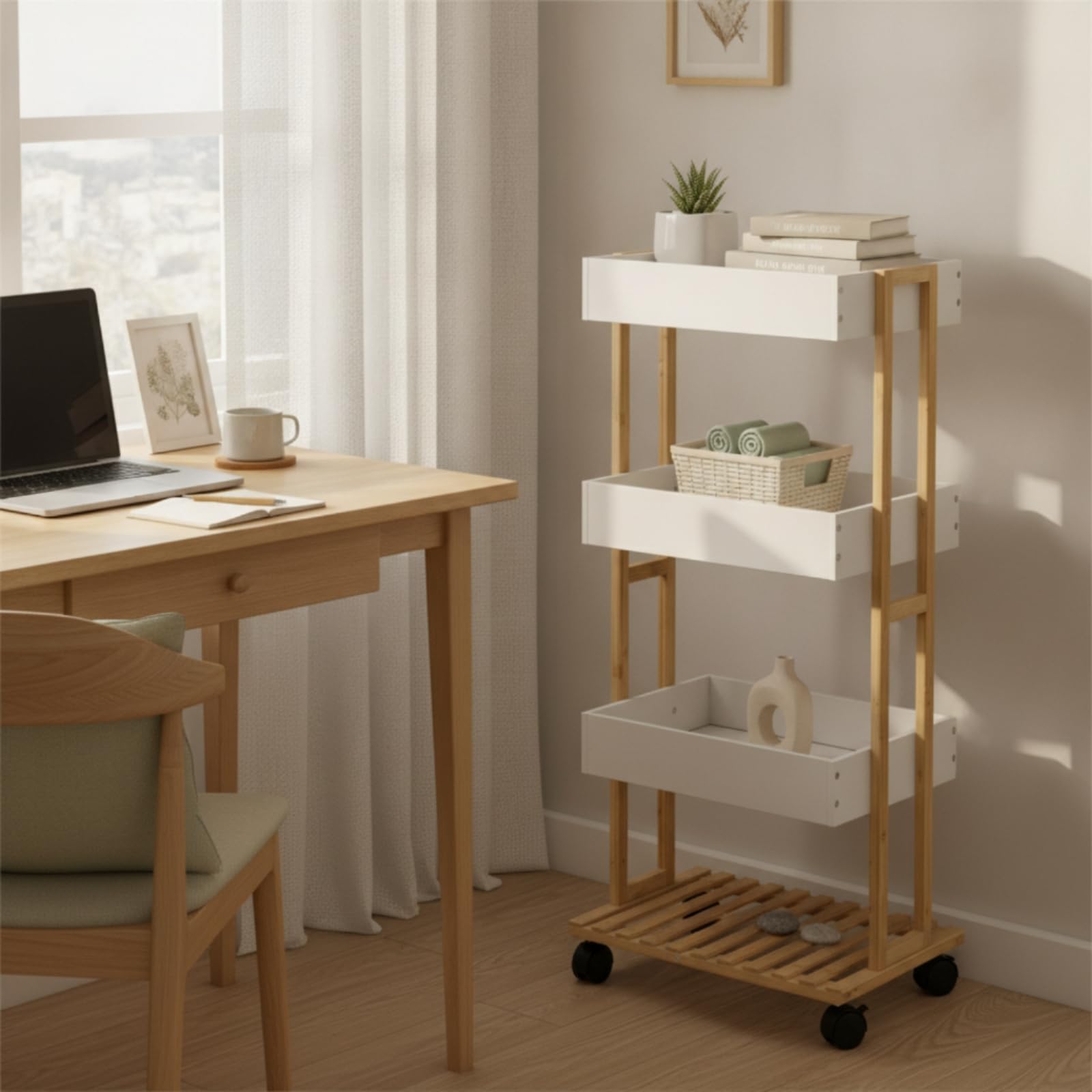 Amagogo Carrello Portasciugamani in Bambù con Ruote Carrello Multiuso Scaffale Verticale Carrello da Servizio Vassoi Rettangolari in Plastica E Ripiano