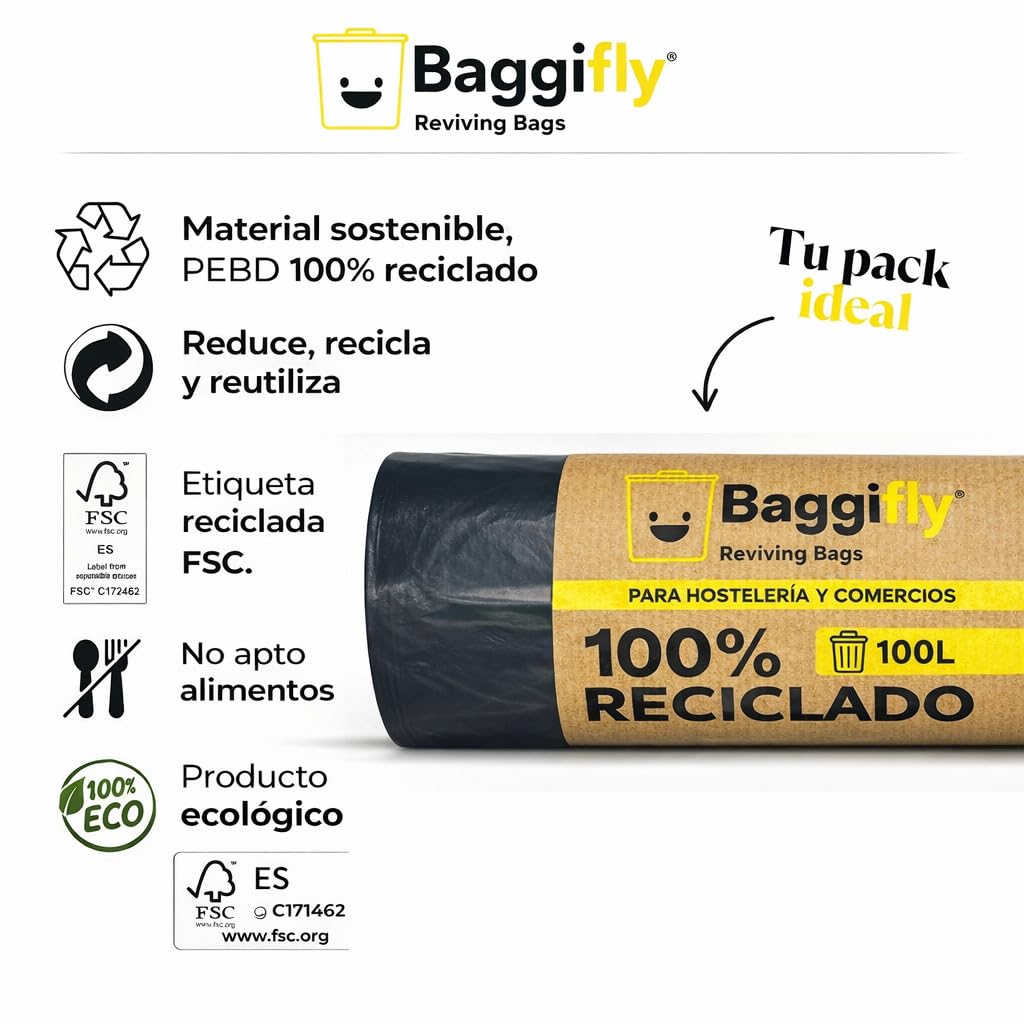 Baggifly, Bolsas de Basura 100L, 120 Bolsas Súper Resistentes, 100% Recicladas, ECO Friendly, Hostelería, Comercios y Jardinería, Pack 12 x 10, Fabricado en España