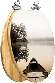 Elongated Toilet Seat Wooden Peaceful fishing lake canoe sunrise Wood Toilet Seat Slow Quiet Close Lid with Quick-Release Hinges Cover Bumpers Easy to Clean Install