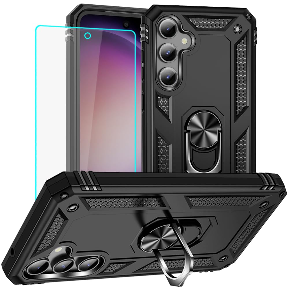 for Samsung Galaxy S23 FE 5G Case with HD Screen Protector, Military-Grade Drop Tested Magnetic Ring Holder Kickstand Protective Phone Case for Samsung Galaxy S23 FE (Black)