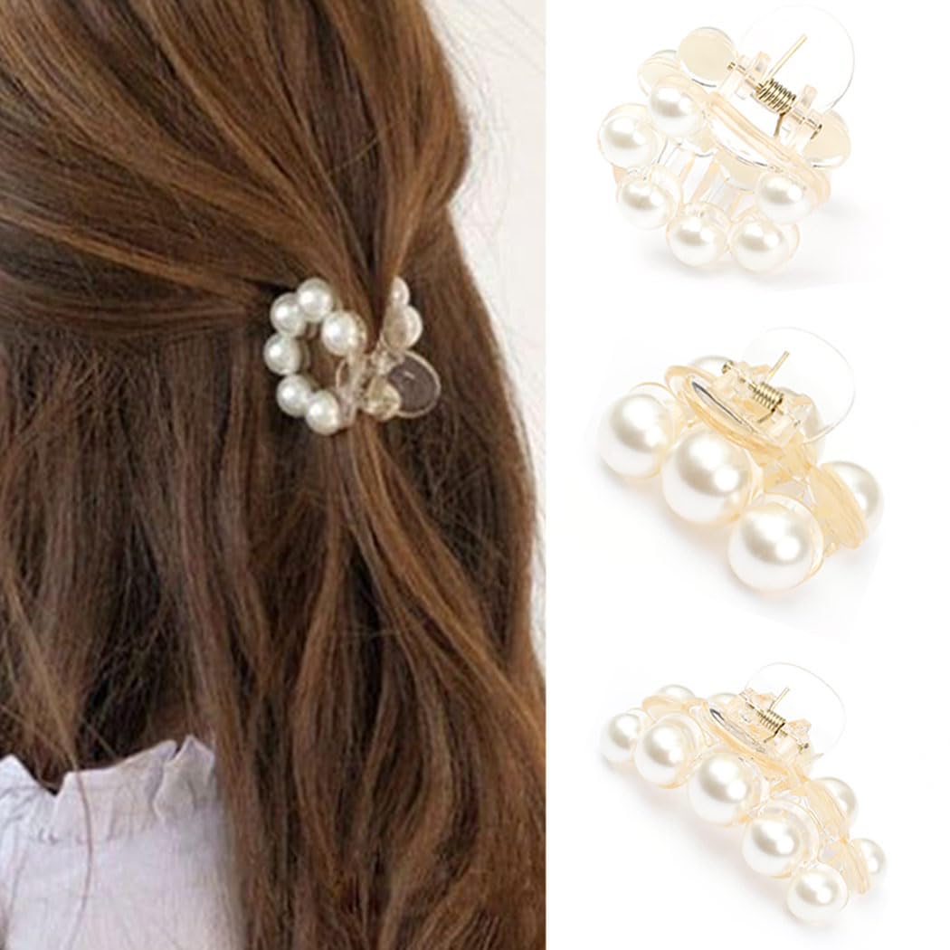 CAKURE Pearl Claw Clip Small Hair Clips White Pearl Hair Clips Cute Hair Clip Pearls Hair Accessories for Women and Girls (3 PCS)