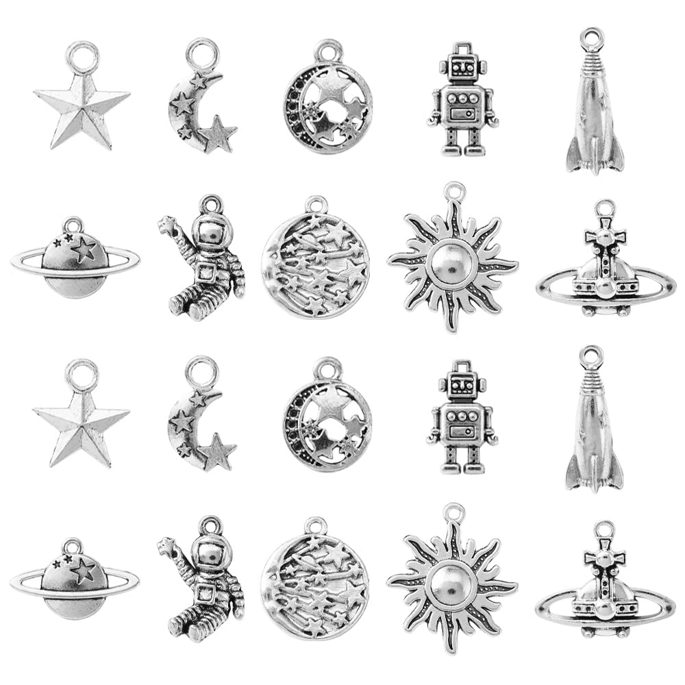 KitBeads100pcs Tibetan Universe Charms Mixed Styles Rocket Earth Astronaut Charms Antique Silver Star Moon Sun Charms for Jewelry Making Bulk