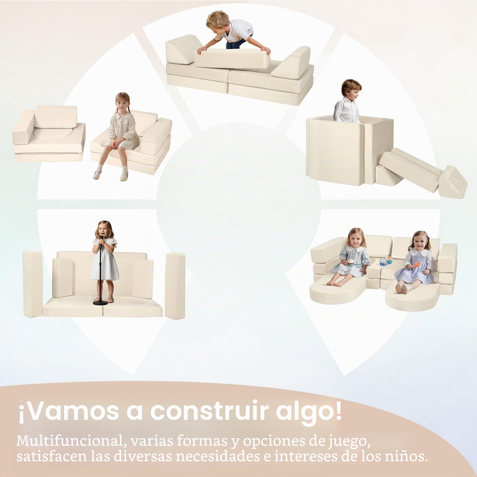 MeMoreCool Sofá de juegos para niños, espuma suave con bloques de construcción, un emocionante patio de juegos interior para la habitación de los niños, ideal para niños, color beige