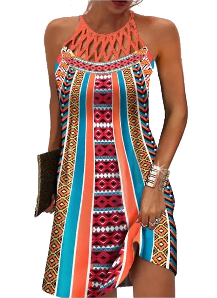 LOVESHOOT Summer Dresses for Women 2026 Casual Floral Hollow Out Halter Neck A-line Sundress for Beach Vacation with Pockets