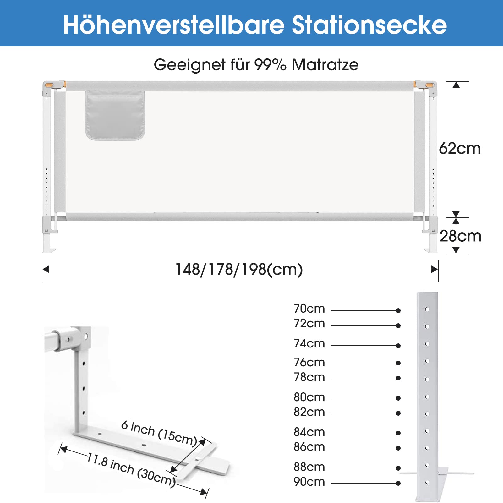 YIKANWEN Bettgitter, 200cm Bettschutzgitter ​für Kinder ab 0-10 Jahren, einziehbare Kinderbettgitter Babybettgitter,passend für Kinderbetten, Elternbetten und Alle Massivholzbetten（Nur 1 Stück）