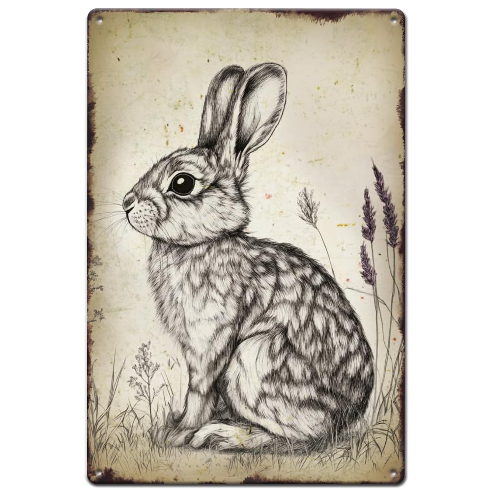 SUPERDANT Bunny Drawing Tin Sign Rabbit Metal Tin Sign Rabbit with Lavender Sign Animal Metal Signs Vintage Metal Wall Art funny Signs and Plaque for Kid's Room Garages Bar Sign Home