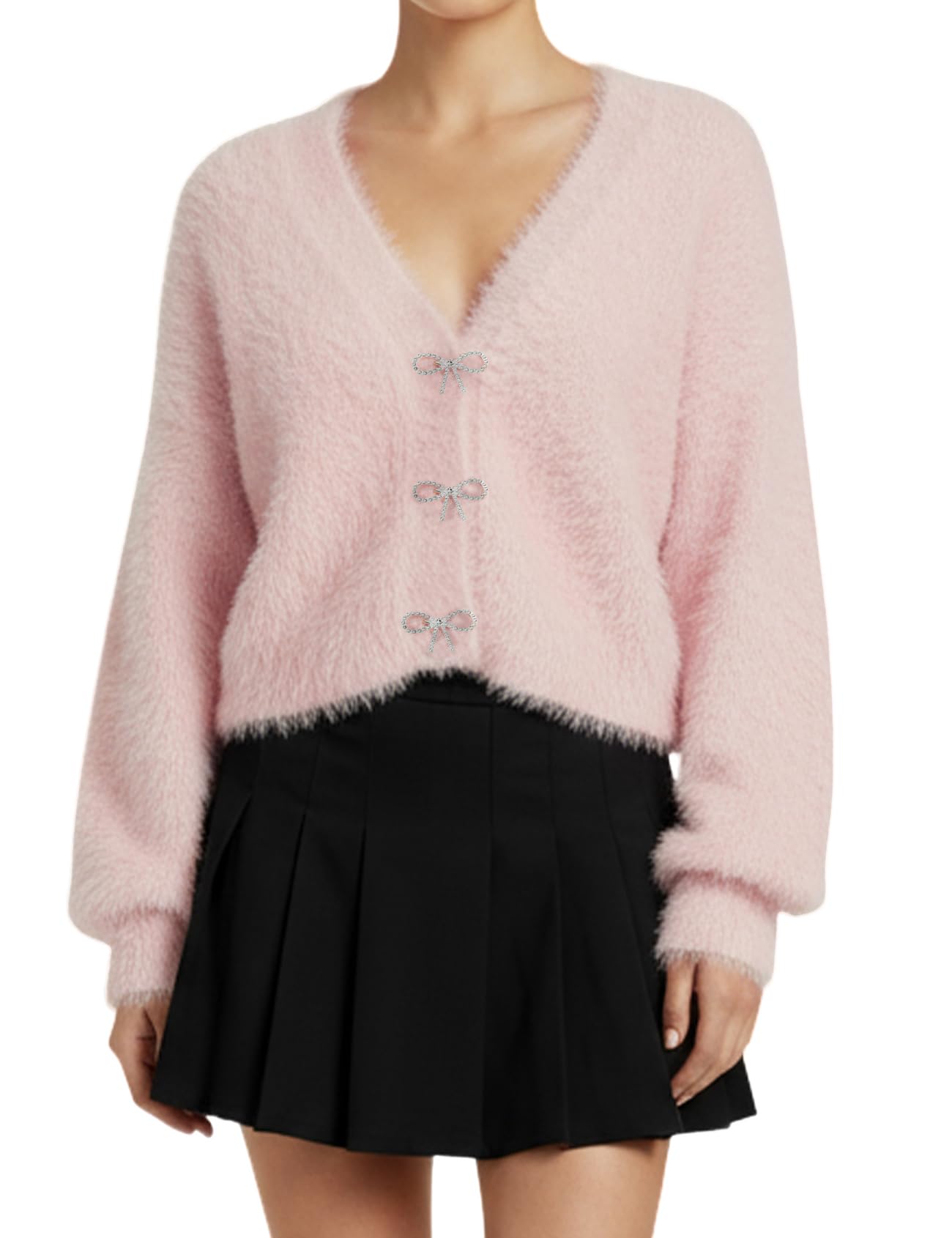 Yimoon Womens Crop Fuzzy Cardigan Sweater Bowknot Brooch Button Knit Cardigans V Neck Long Sleeve Soft Knitwear Pink-S