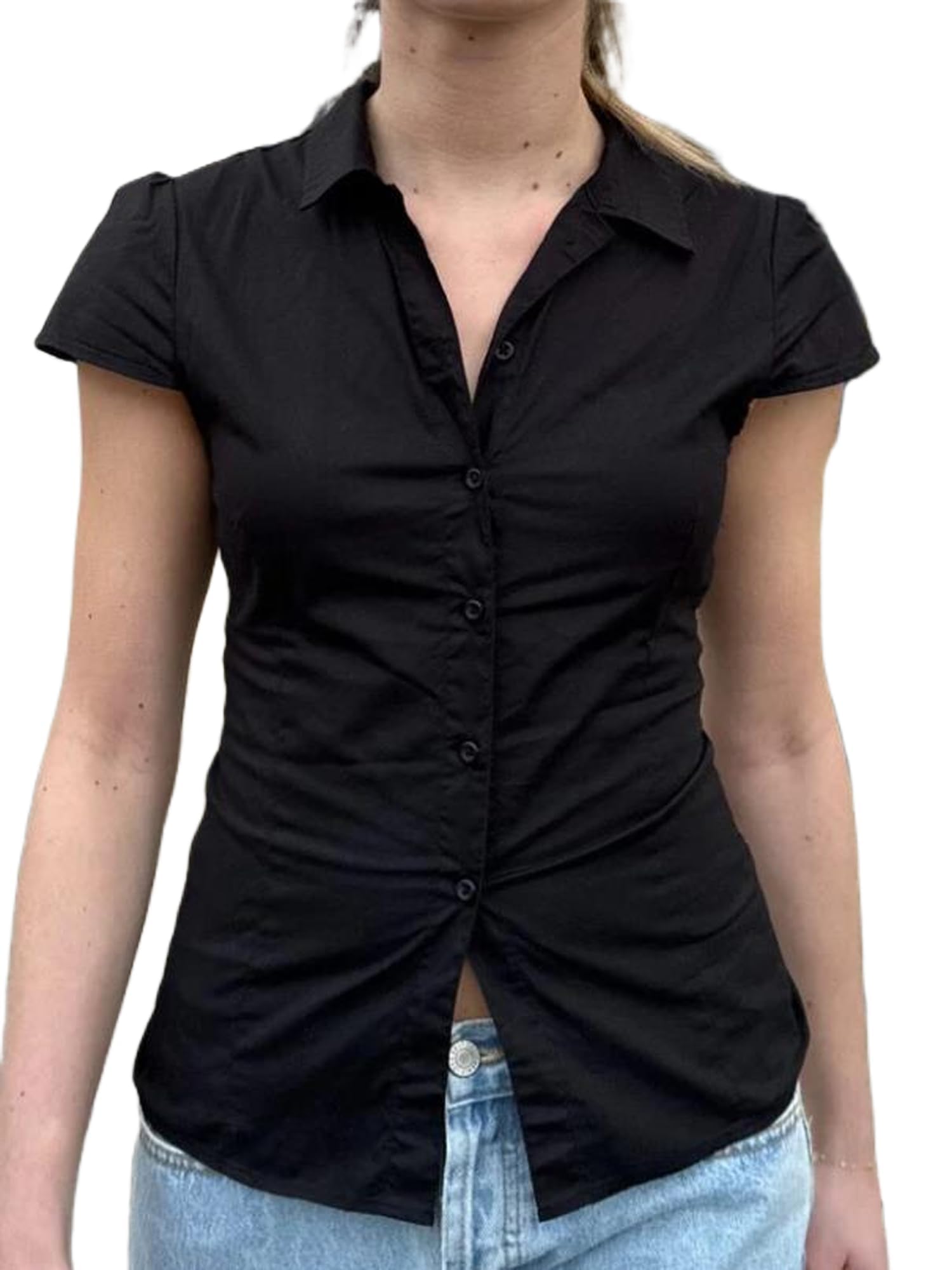 Women Y2K Button Down V-Neck Shirt Tee Summer Slim Lapel Collar Peplum Short Sleeve Plaid Crop Tops Streetwear (C Black, L)