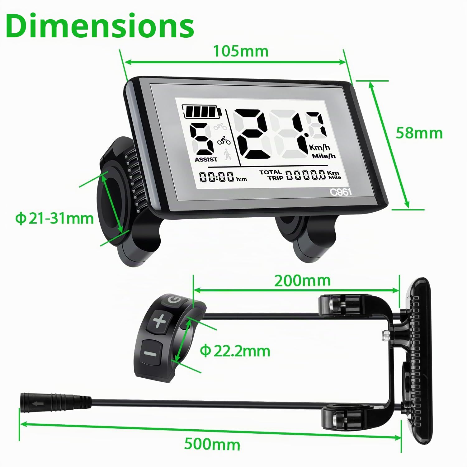 Écran de vélo électrique Femelle à 5 Broches pour Moteur Bafang | BBS01B/02B BBS HD, Compteur vitesse vélo électrique, C961, Protocole UART, IPX5, rétroéclairage auto, 9 niveaux assistance