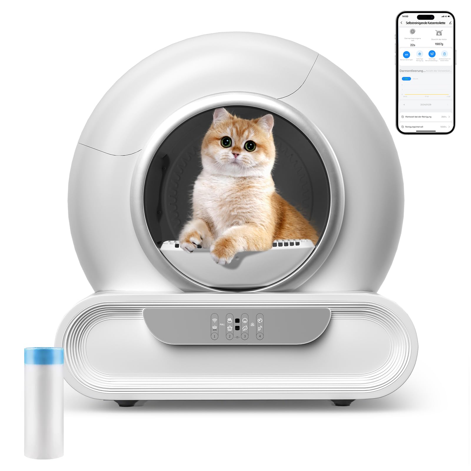 Arenero para gatos autolimpiante eléctrico de 68 l, caja de arena automática autolimpiante con bolsas de basura, control de entrada baja/APP/desodorador/monitor Health