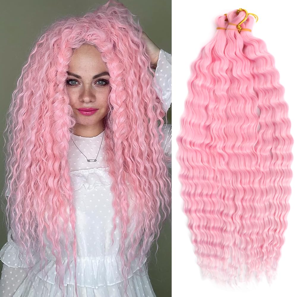 YEESHEDO 3 Packs Ocean Wave Crochet Braids Hair Extensions for women,Long Deep Wavy Pink Curly Synthetic Hair Boho Braiding Locs Crochet Hair,22inch
