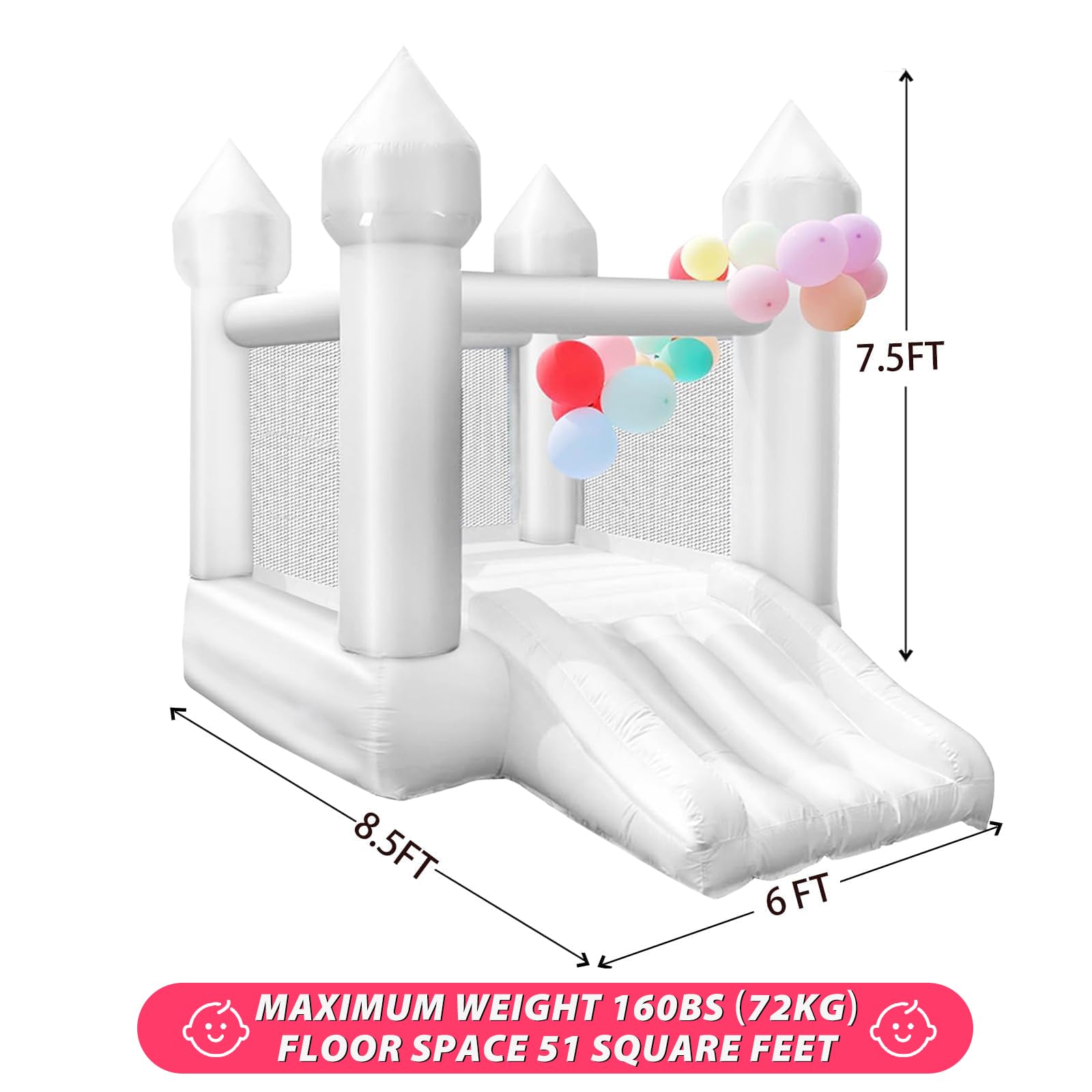 iLink-outer White Bounce House Without Air Blower Indoor Outdoor Bouncy Castle for Kids 2-8 Oxford Toddler Bounce House with Slide,103 x 71 x 90 inch,Kid Birthday Party Gifts（NO Air Blower） Product Image 3