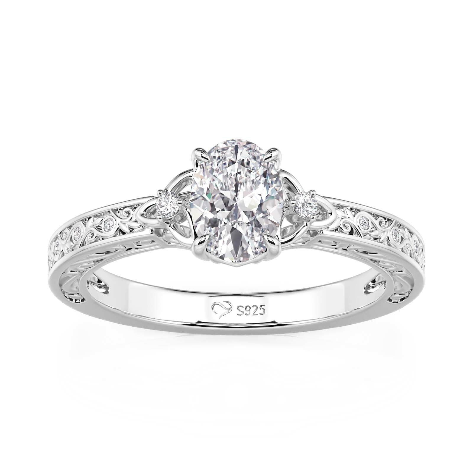 Damen Moissanit Ring Keltisch Knoten Blumen Ehering 925 Sterling Silber Solitärring Ovalschliff Rundschliff Blumering mit Stein Verlobungsring Bandring für Frauen Geschenk