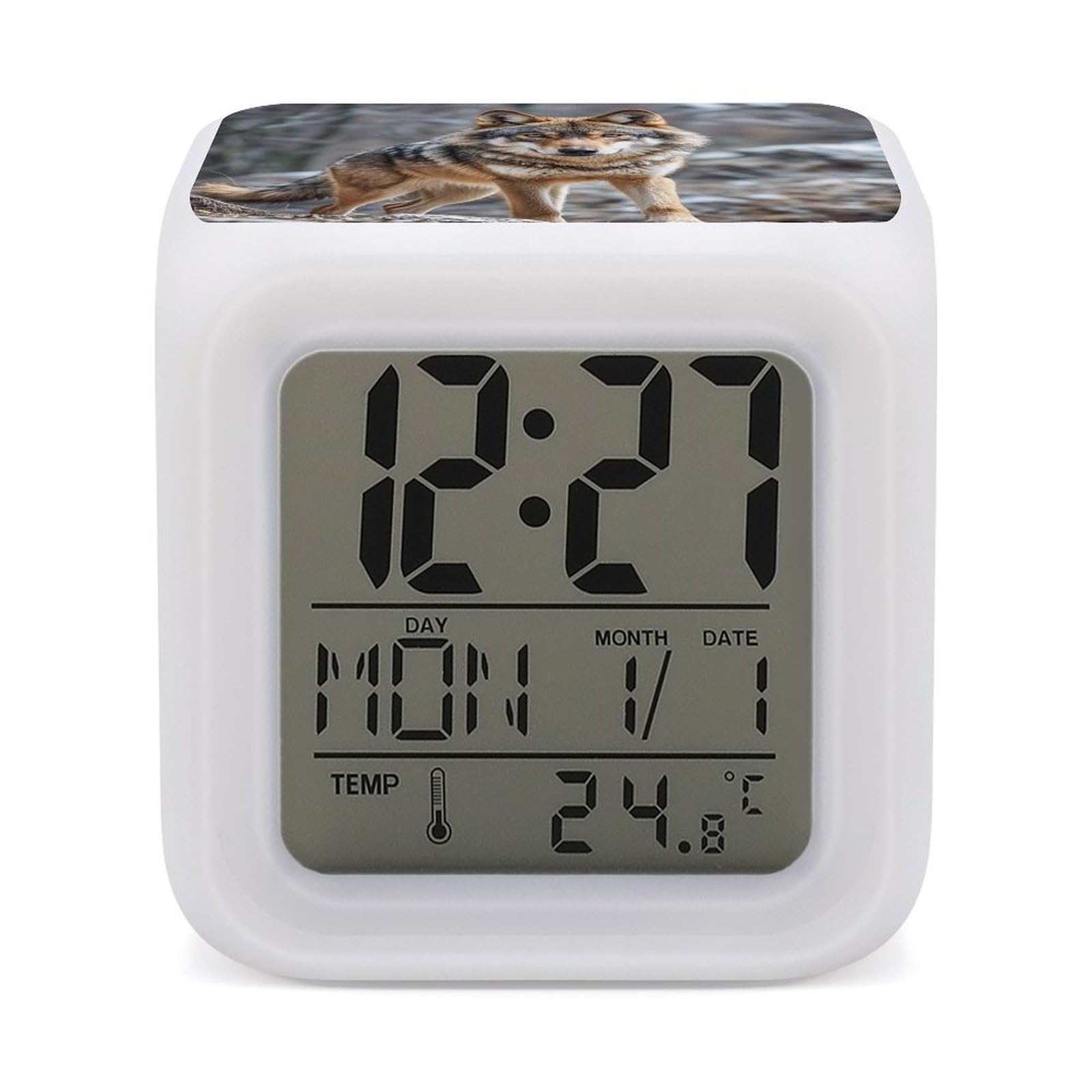 LZQPOEAS Wolf Alarm Clock Desk Clock with 7 Color Changing Night Light Digital Clocks with Temperature Display Sleep Training and Sound Machine for Heavy Sleeper