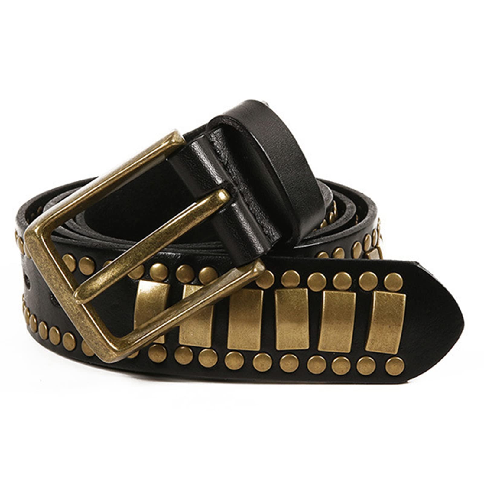 OBASDFD Studded Belt Men/Women, Cowhide Leather With Buckle, Punk Gold Rectangle Rivet, Gothic Waistband For Jeans Pants(Black,105cm/waist:34-36in)