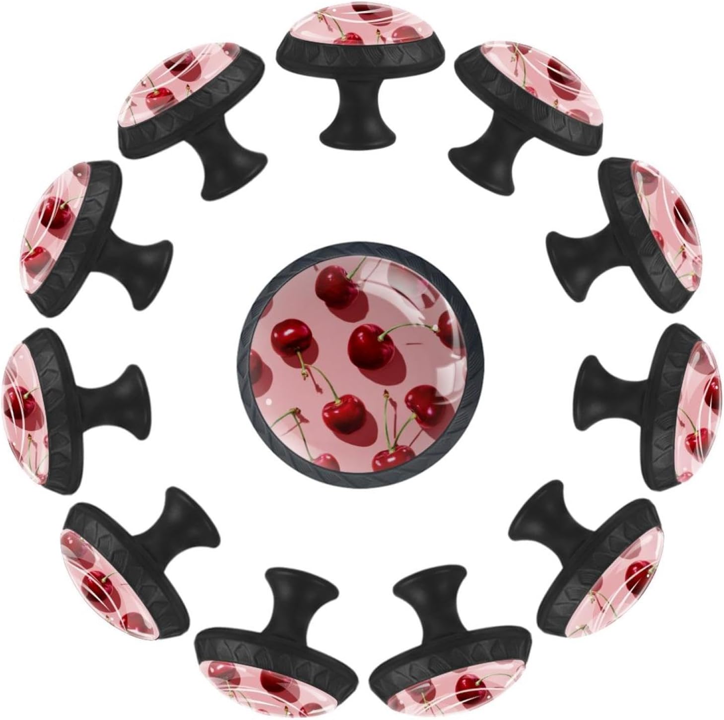 Black Cherry Pink Seamless Fruit (3) Drawer Pulls with Screws, Black Base Glass Knobs with Cherry Pink Seamless Fruit (3) Pattern