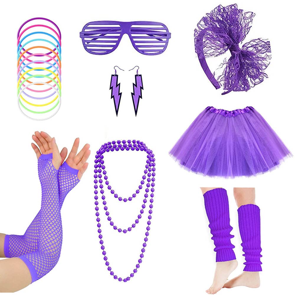 80s Fancy Party Costume Accessories Set,Adult Tutu Leg Warmers Fishnet Pink Gloves Neon Necklaces Bead 80s Lace Bow Headband Lighting Earrings Sunglasses,1980s Fancy Dress Women Night Out Party