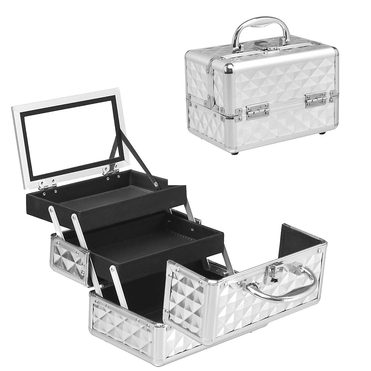 GOPLUS Kosmetikkoffer, Schminkkoffer leer mit Spiegel & 2 ausziehbare Ablagen, Makeup Oragnizer tragbar mit Tragegriff & Verschluss, Beauty Case für Reise, Friseure & Visagisten (Silber)