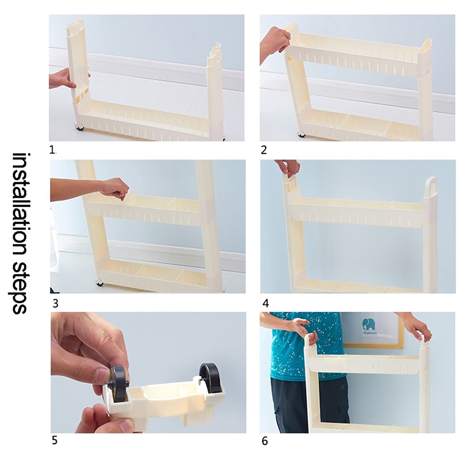 Estante delgado deslizante de 4 capas para cocina y baño, estante de almacenamiento con ruedas, plástico duradero y acero inoxidable, ahorro de espacio, color blanco