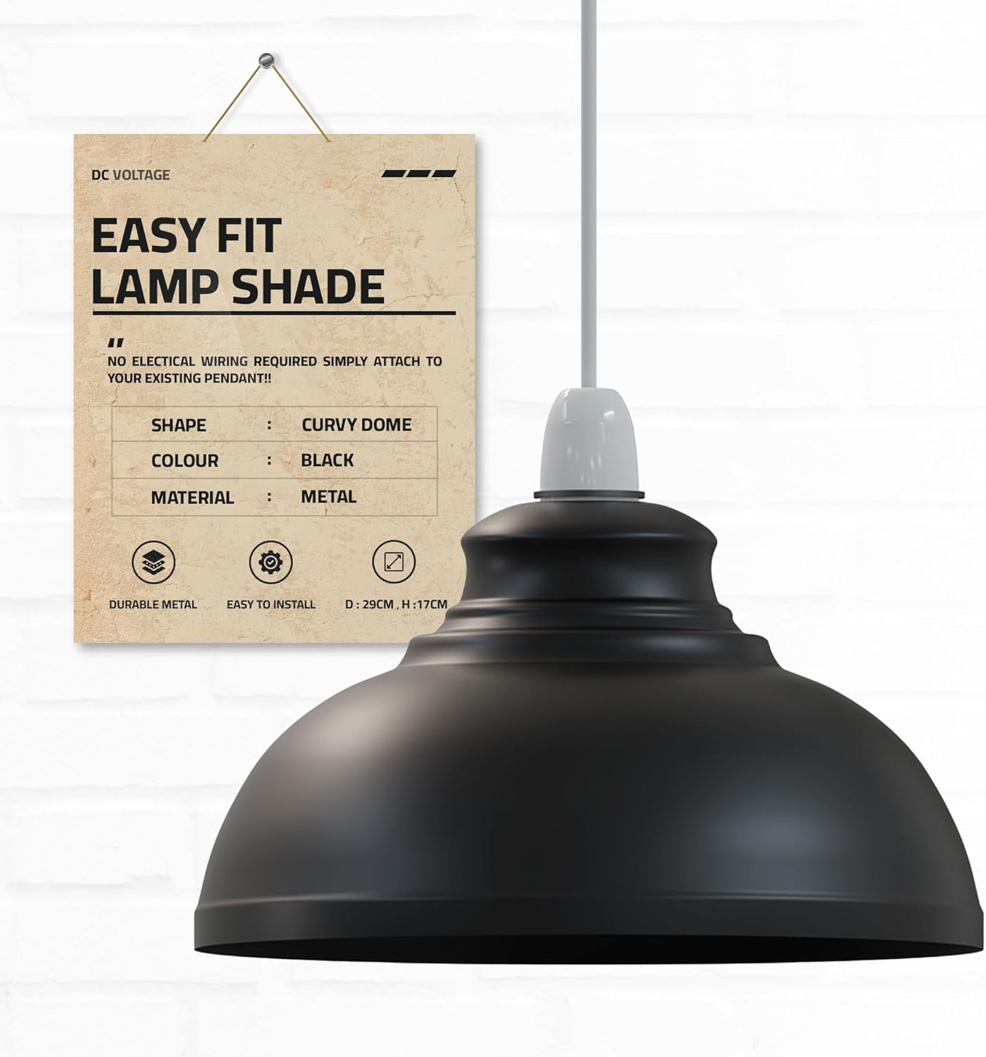 DC Voltage Industrial Ceiling Pendant Light Shades Retro Style Curvy Dome Shaped lamp Shades Metal Easy fit Ceiling Pendant Light Shades for Light fixtures (Black)