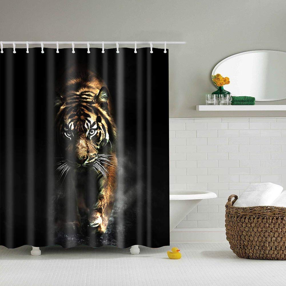 BOYOUTH Tiger Pattern Digital Print Black Shower Curtains for Bathroom Decor,Polyester Waterproof Fabric Bath Curtain with 12 Hooks,70x70 Inches,Multicolor