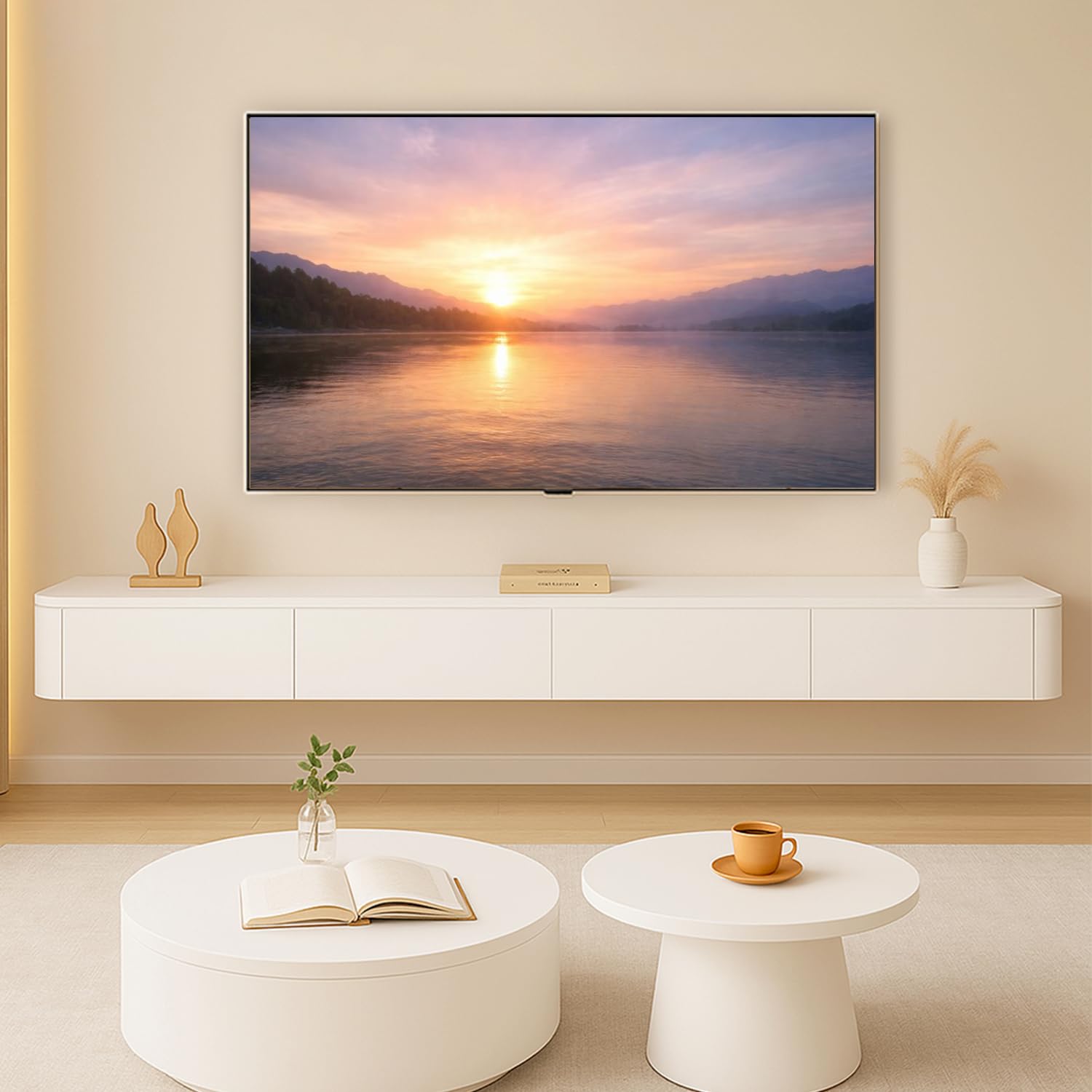 Mobile TV Sospeso Moderna | Consolle Multimediale da Parete | Grande Mobile TV con Spazio di Archiviazione per Soggiorno e Ufficio (Bianco, 220cm)