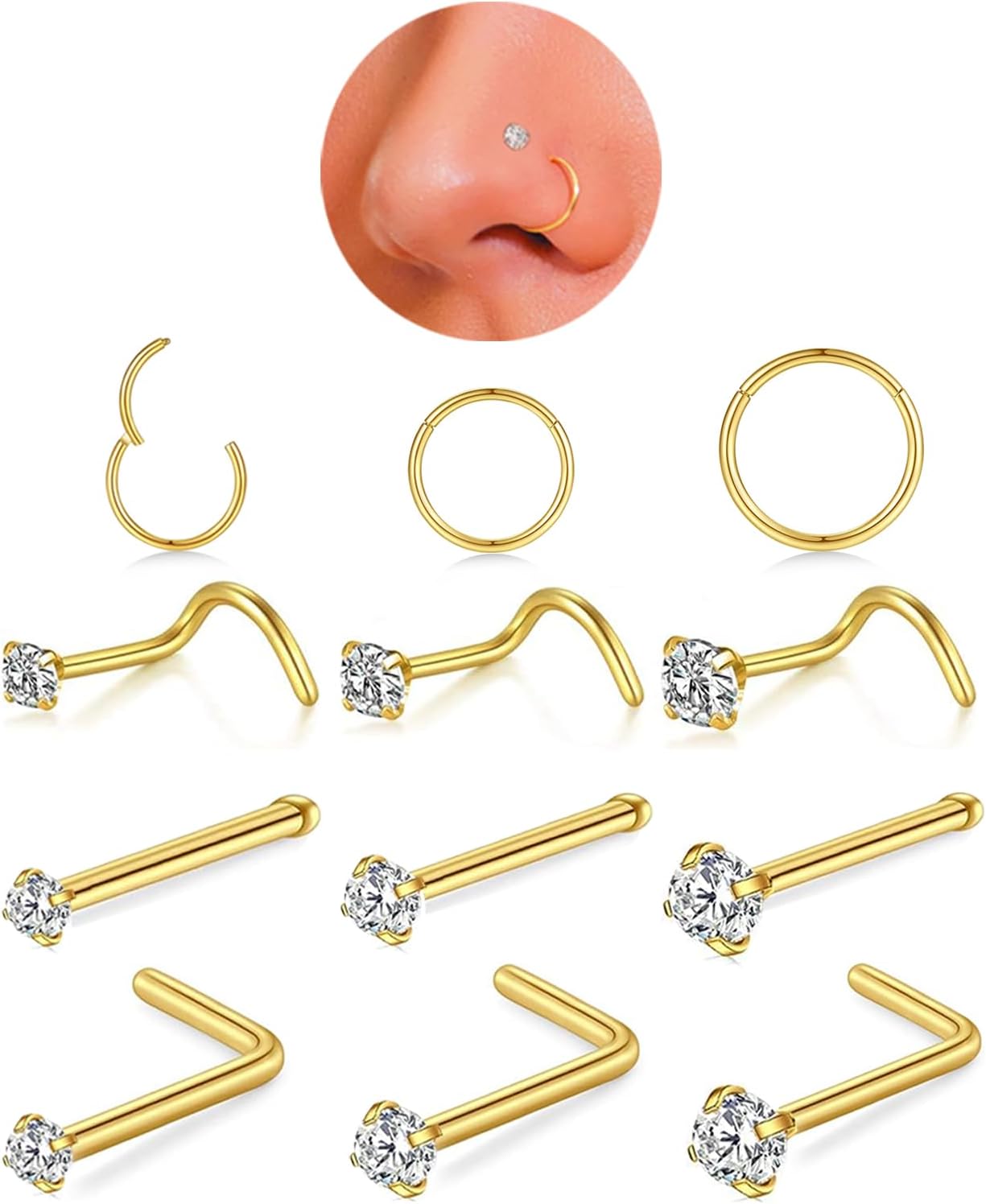 18g Nose Rings Hoop and 20g Nose Studs Sets for Women Men,Hypoallergenic 316L Surgical Stainless Steel Hinged Clicker Segment Nose Rings Hoop Helix Cartilage Daith Tragus Sleeper Earrings Silver Gold