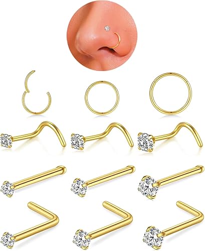 12 piercings de nariz hipoalergénicos de acero inoxidable quirúrgico 316L de 0.78 oz, anillos de nariz dorados y plateados, joyería en forma de L,