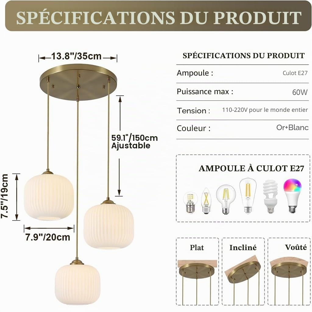 Lampe suspendue verre avec abat-jour moderne salle à manger lustre boule blanc laiteux chambre à coucher réglables Suspension Luminaire grange éclairage d'îlot de cuisine convient couloir