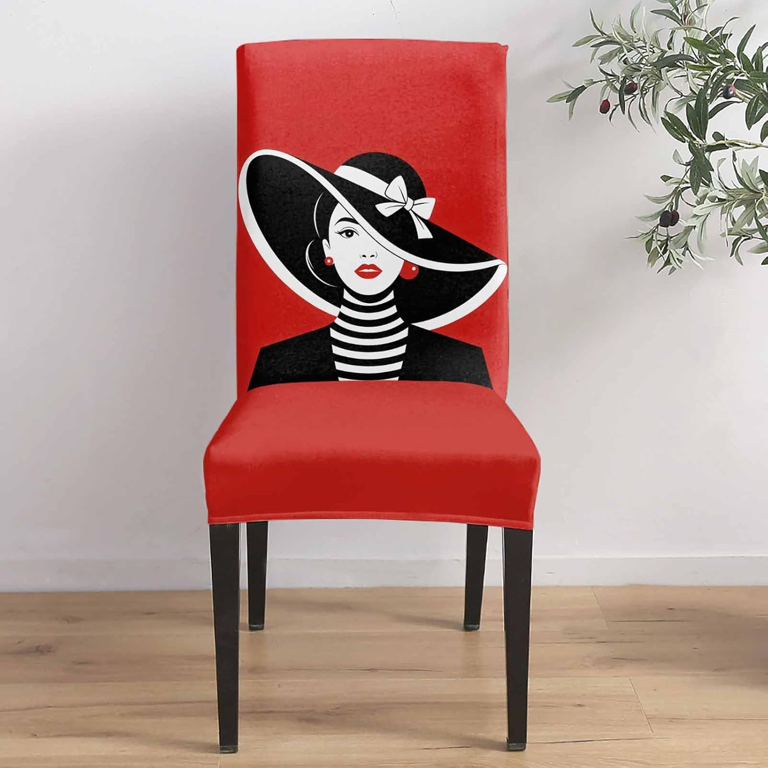 Chair Covers for Dining Room Fashion Girl Wearing Black Hat Stretch Chairs Slipcovers Removable Washable Seat Protector Black White Red Seat Cushion Cover for Home Hotel Party Decor,4PCS