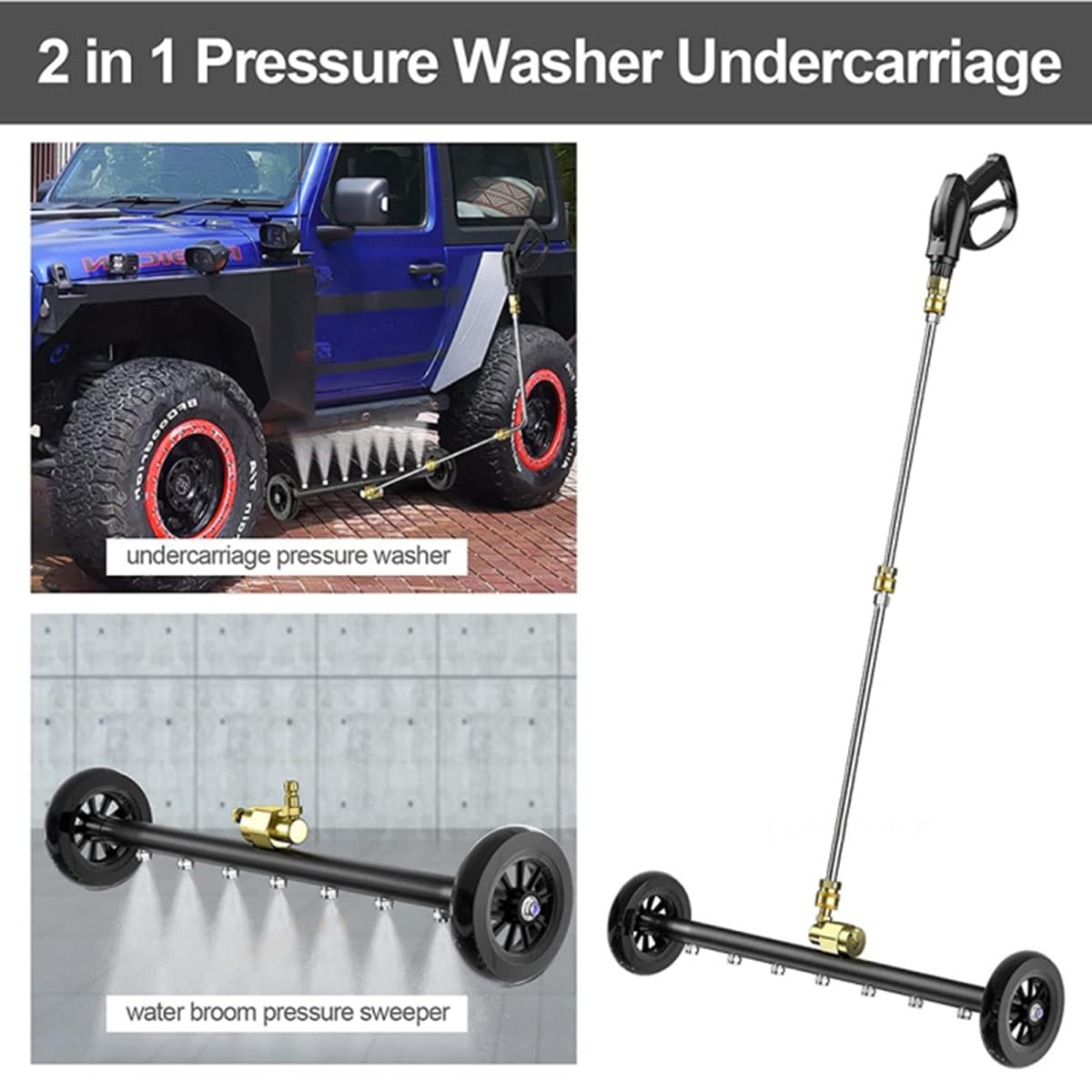 Scopa ad acqua per pulizia sottocarro, 2 in 1, 61 cm, lavapavimenti regolabile, efficiente strumento di lavaggio auto a 4000 psi