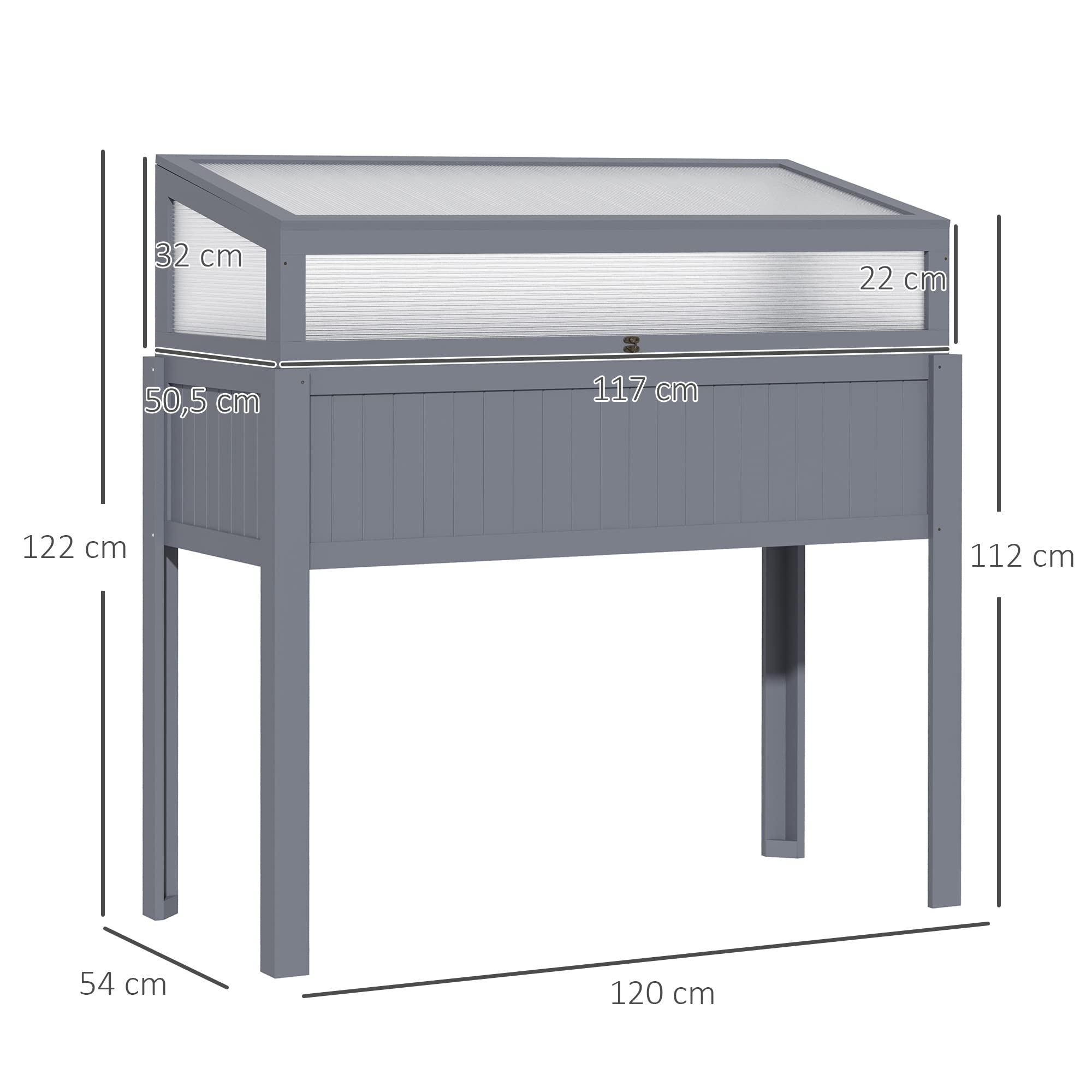 Outsunny Hochbeet Holz mit 2-in-1 Frühbeet 120 x 54 x 112/122 cm Grau | Gewächshaus, Tomatenhaus, Gemüsebeet, Kräuterbeet, Pflanzkasten, für Terrasse Balkon und Garten, Polycarbonat