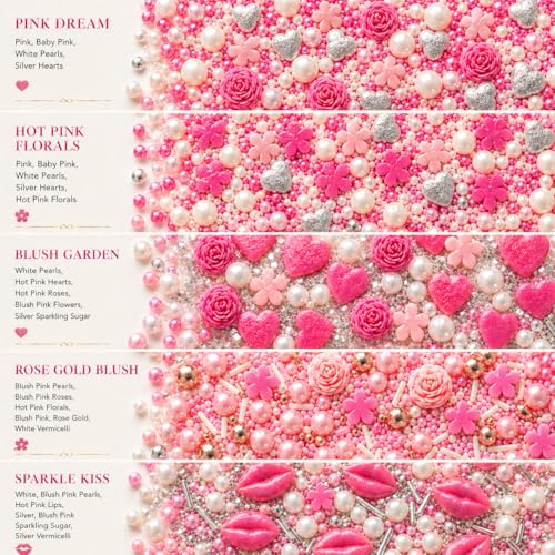 Image of Confect Pink Mini Roses, Silver Hearts, Vermicelli & White Pearls - Vegan, Gluten-Free, Nut-Free, Soy-Free, Dairy-Free Cake & Baking Sprinkles - Perfect for Anniversaries & Special Occasions - 140 Gms