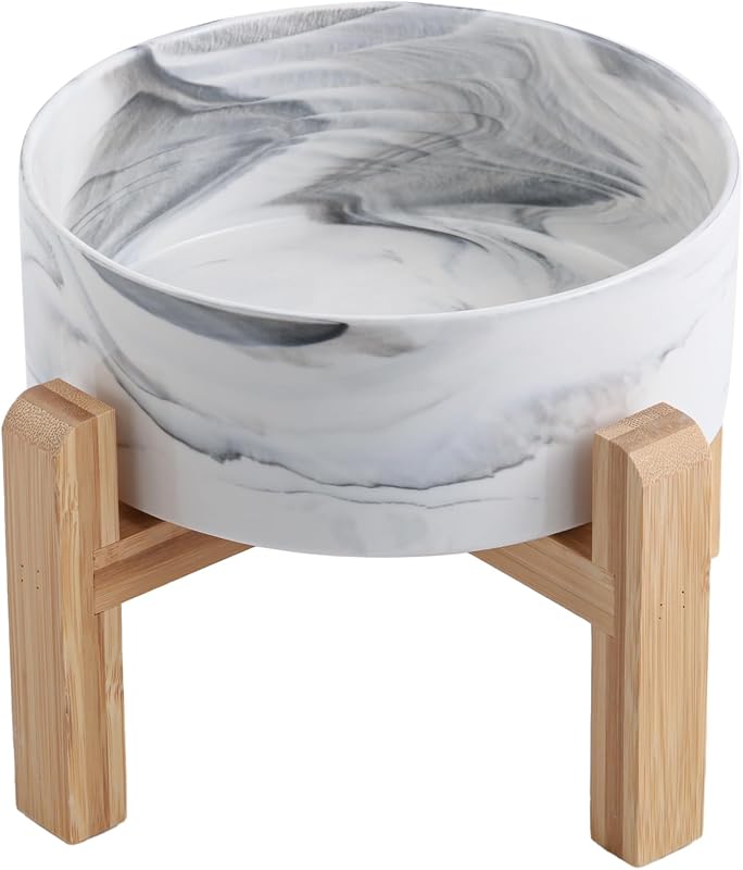 Comedouro Elevado para Cães Addogyy em Cerâmica com Suporte de Madeira Cinza Mármore, 20,32 cm